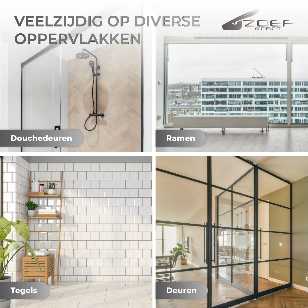 Zoef Robot raamwasser Evert schoonmaakt ramen, douchedeuren, tegels en glazen deuren automatisch met waterspray en afstandsbediening.