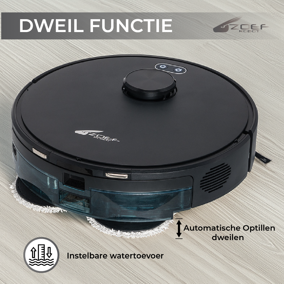 Robotstofzuiger Willem 2.0 met dweilsysteem en automatische waterregeling voor efficiënt schoonmaken.