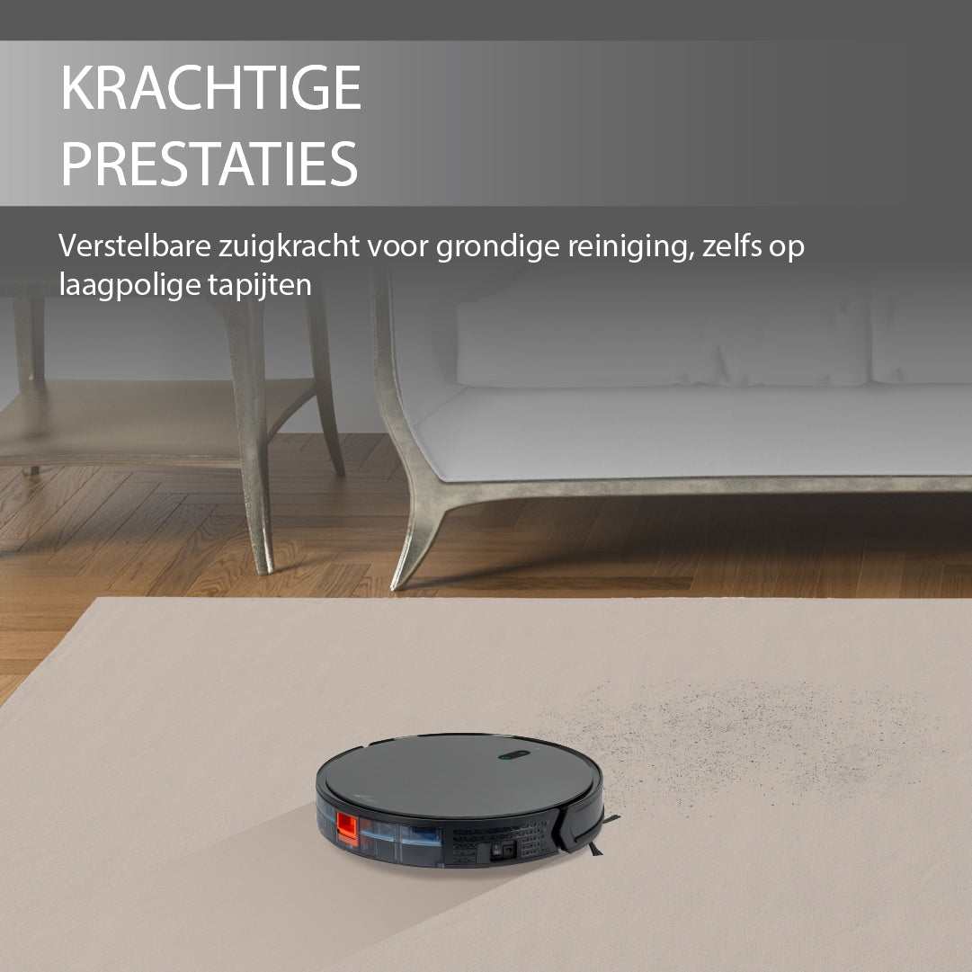 Robotstofzuiger Jannie 4.1 met verstelbare zuigkracht en slimme navigatie voor grondige reiniging, ook op laagpolige tapijten.
