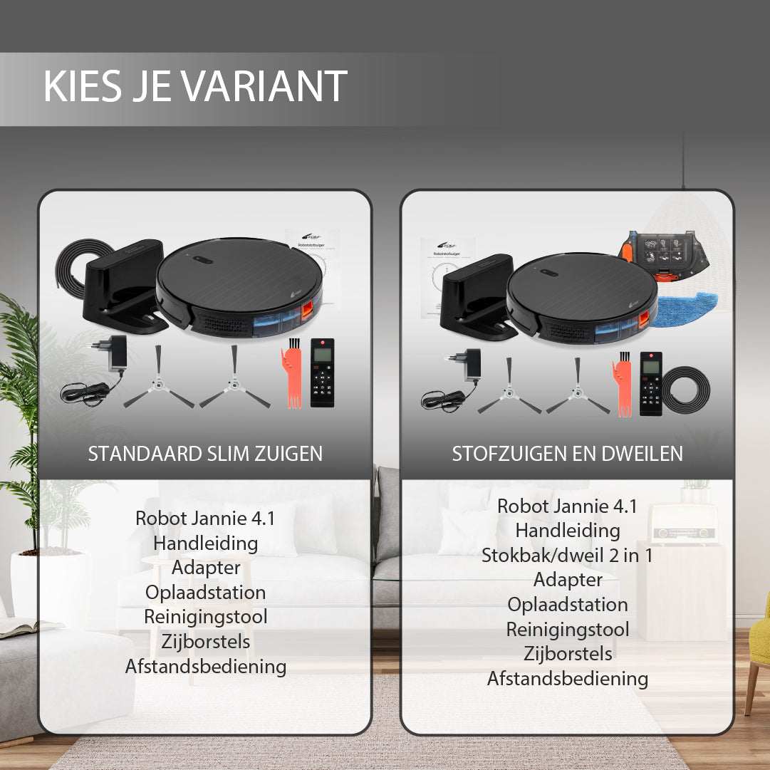 Robotstofzuiger Jannie 4.1 met sterke zuigkracht, automatische terugkeer, app-bediening en dweilfunctie mogelijk