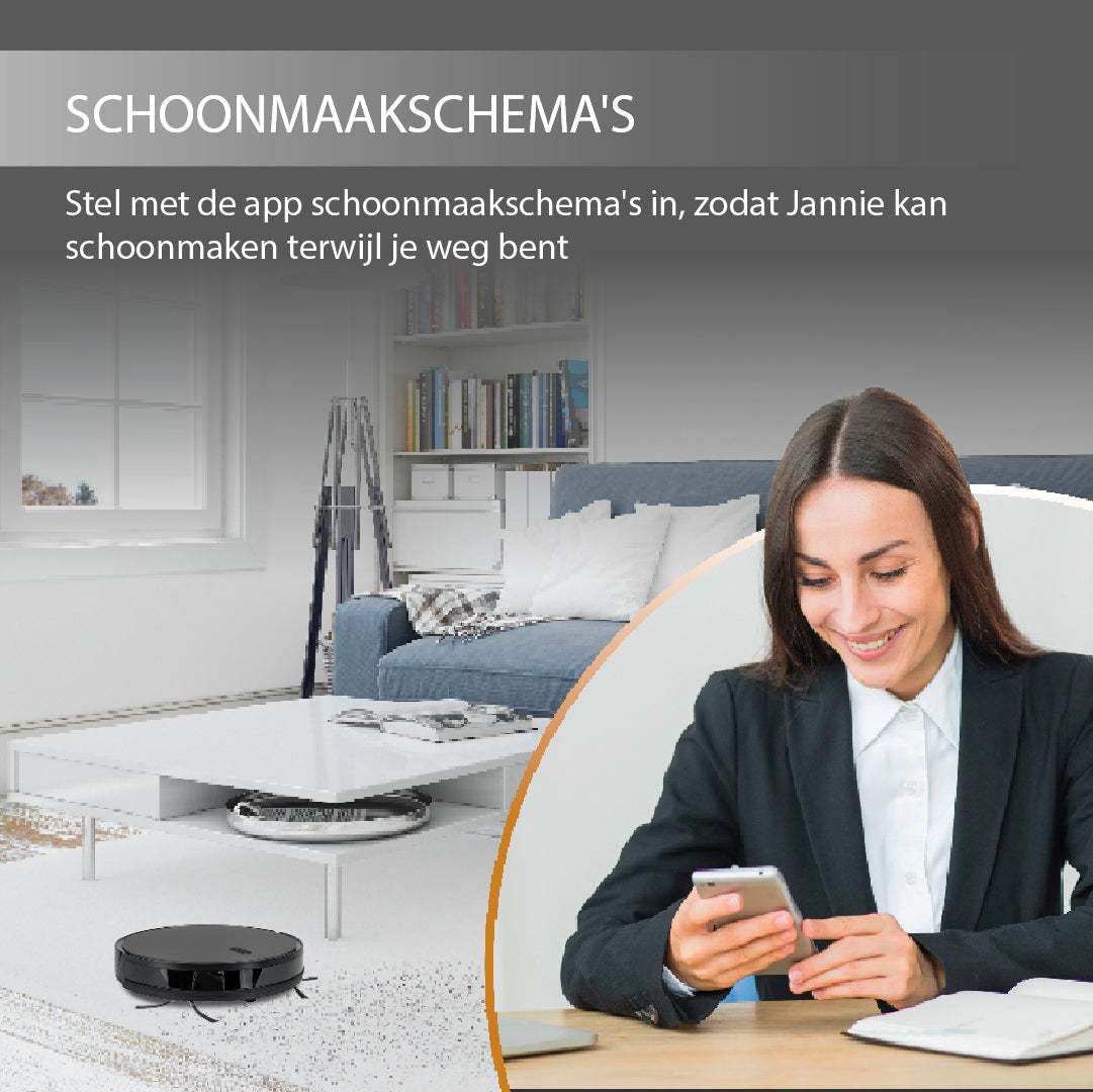 Robotstofzuiger Jannie 4.1 met app-bediening en schoonmaakschema voor automatisch stofzuigen