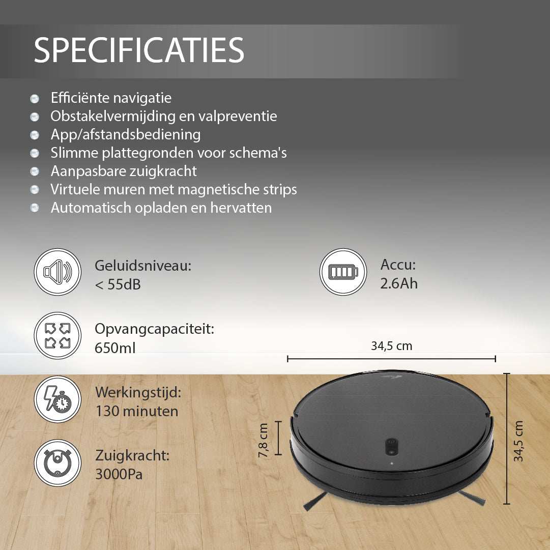 Robotstofzuiger Jannie 4.1 met efficiënte navigatie, app-bediening, 650ml stofbak en automatische opladen