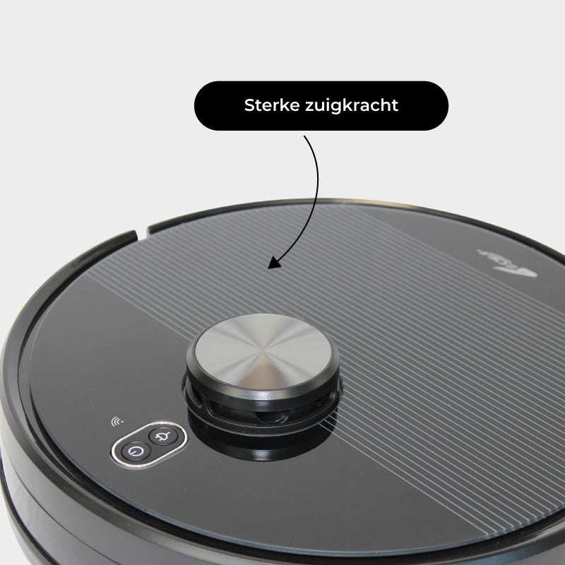 zwarte robotstofzuiger met leegstation en sterke zuigkracht voor thuisgebruik