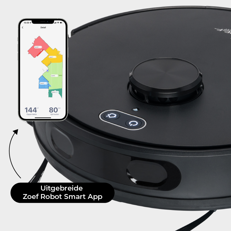 Robotstofzuiger Willem 2.0 met slimme sensoren, krachtige zuigkracht en Zoef Robot Smart App voor effectieve schoonmaak en dweilsysteem.