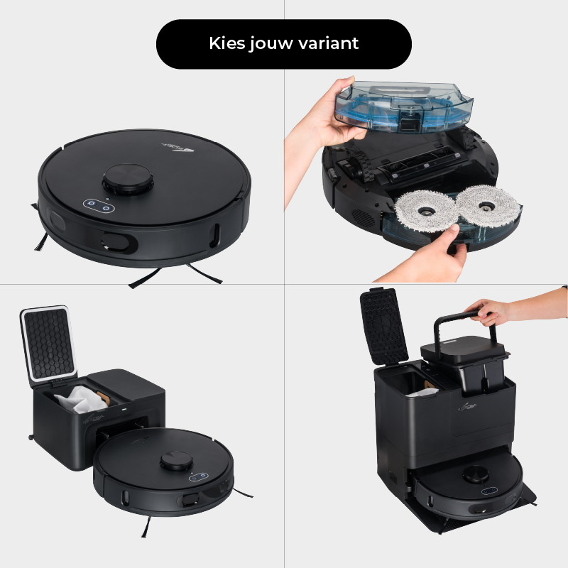 Robotstofzuiger Willem 2.0 met dweilsysteem, automatisch leegstation en zelfreinigend dweilsysteem voor grondige reiniging.