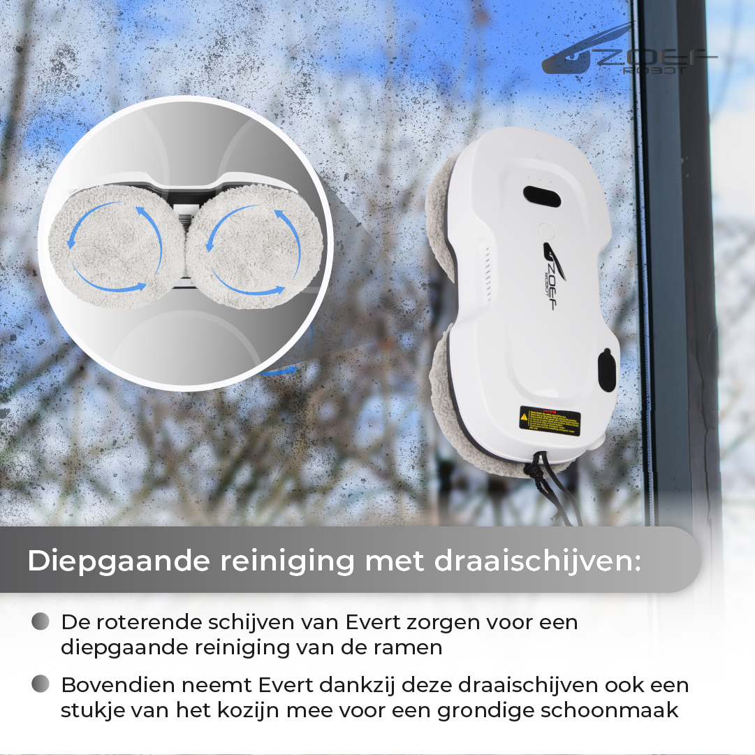 robot raamwasser Evert met ronddraaiende schijven en waterspray voor grondige reiniging van ramen en vlakke oppervlakken