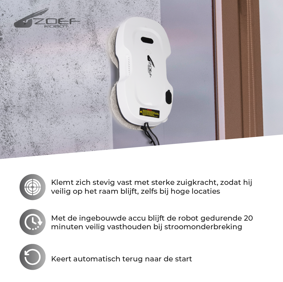 robot raamwasser Zoef Evert met sterke zuigkracht en automatische terugkeer op raam