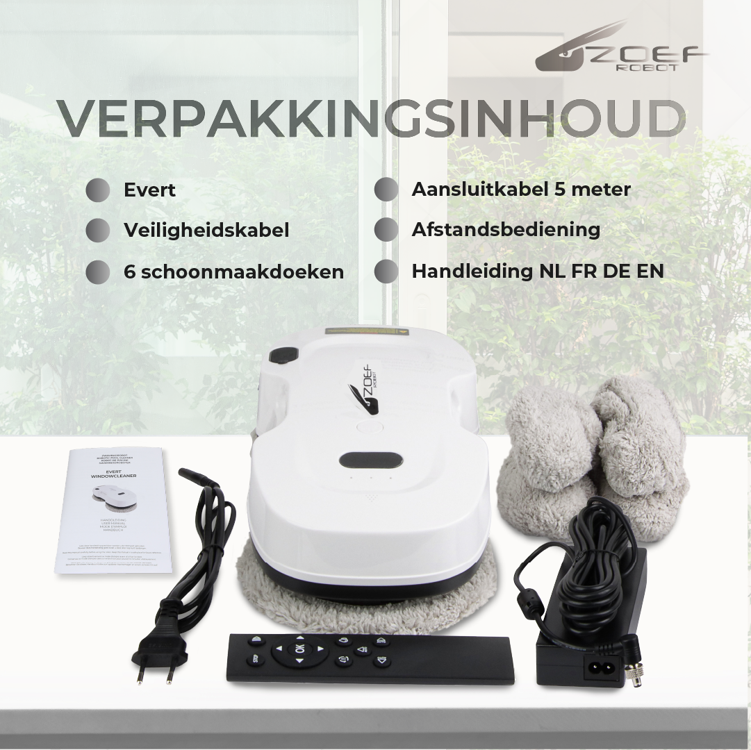 robot raamwasser Evert met afstandsbediening, 5 meter kabel en schoonmaakdoeken op tafel voor glazen raampaneel